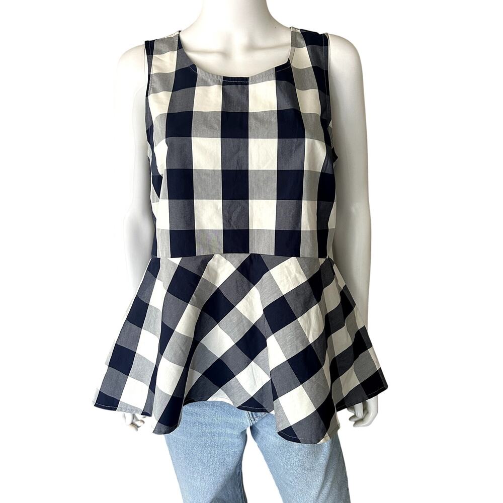 Anthropologie HD in Paris Navy Blue & White Buffalo Check Cotton Peplum Top